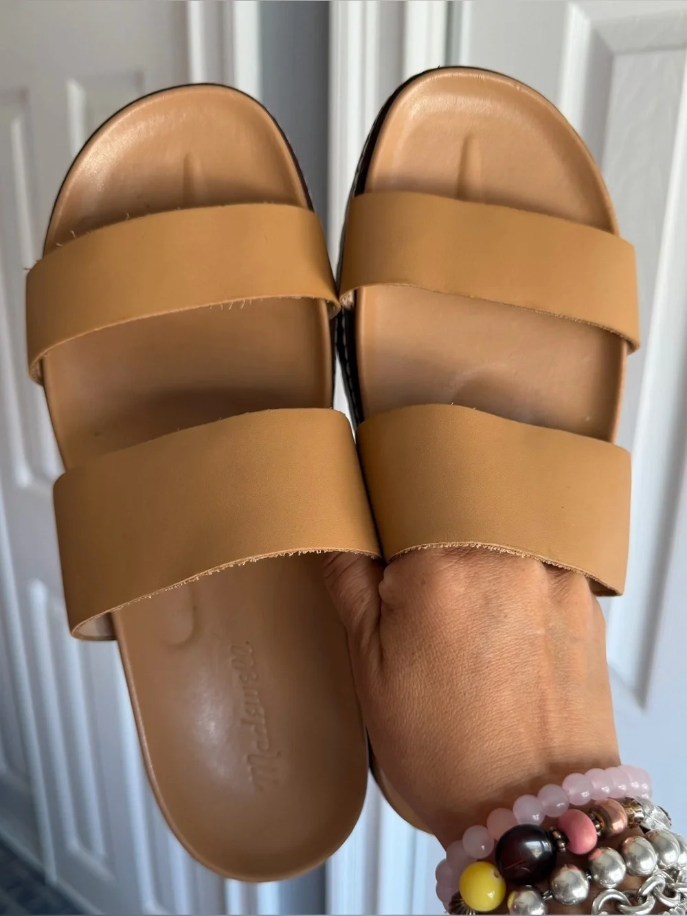 Madewell The Charley Double-Strap Camel Brown Leather Slide Sandals Size: 8.5